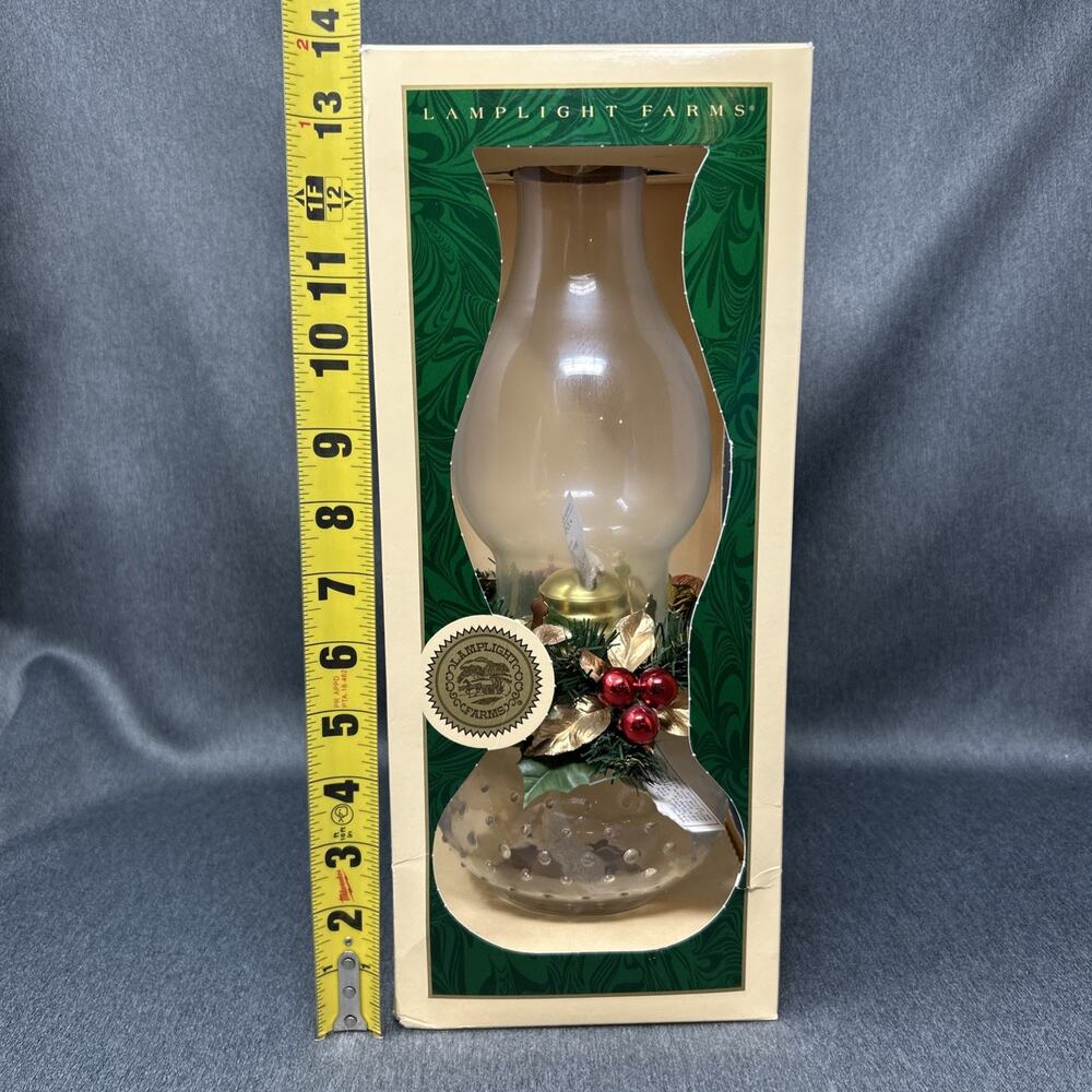 Old Lamplight Farms Holiday Hurricane Oil Lamp Glass Hobnail Base Christmas NOS